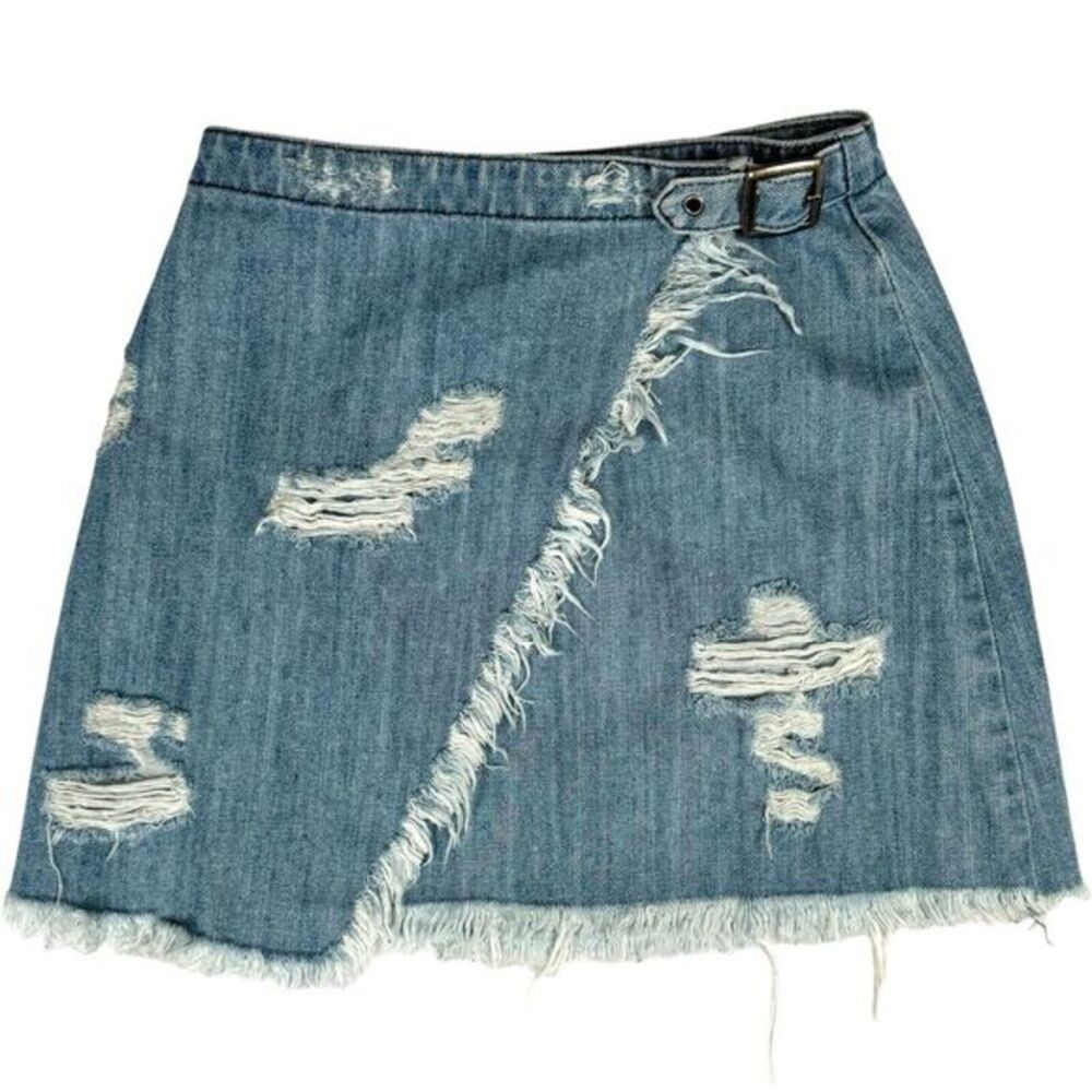 CARMAR Distressed Denim True Wrap Mini Skirt 25 Frayed Hem Buckle Asymmetrical‎